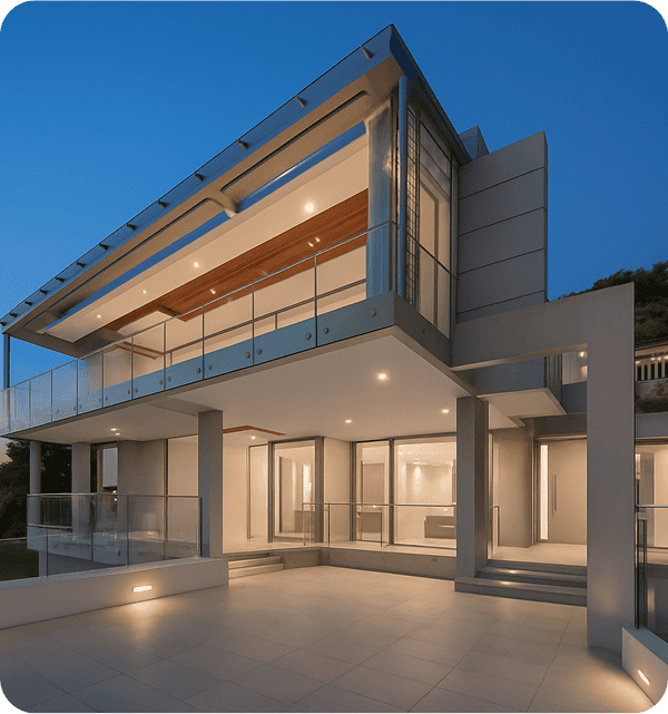 Modern architectural house with large glass windows and spacious balcony under a clear evening sky.