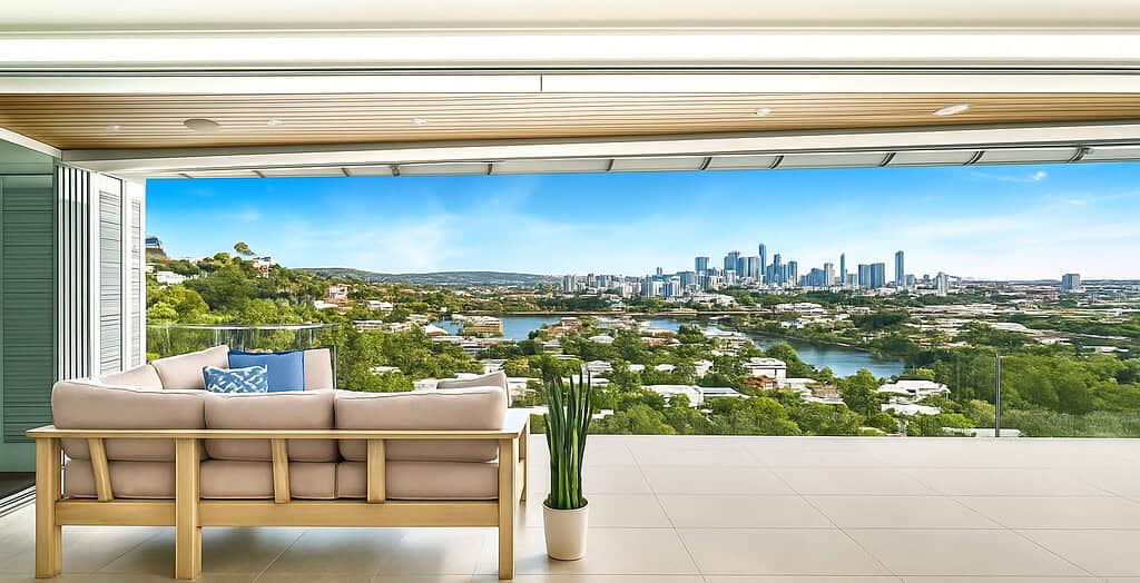 Modern balcony with a panoramic city and river view, featuring a stylish beige sofa and indoor plants, perfect for relaxing and enjoying scenic Sydney skyline.