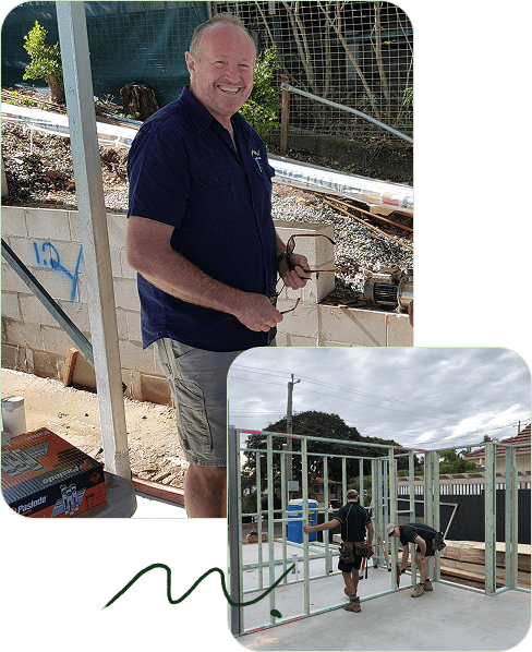 Professional website creator installing construction framework with safety equipment and tools in outdoor environment.